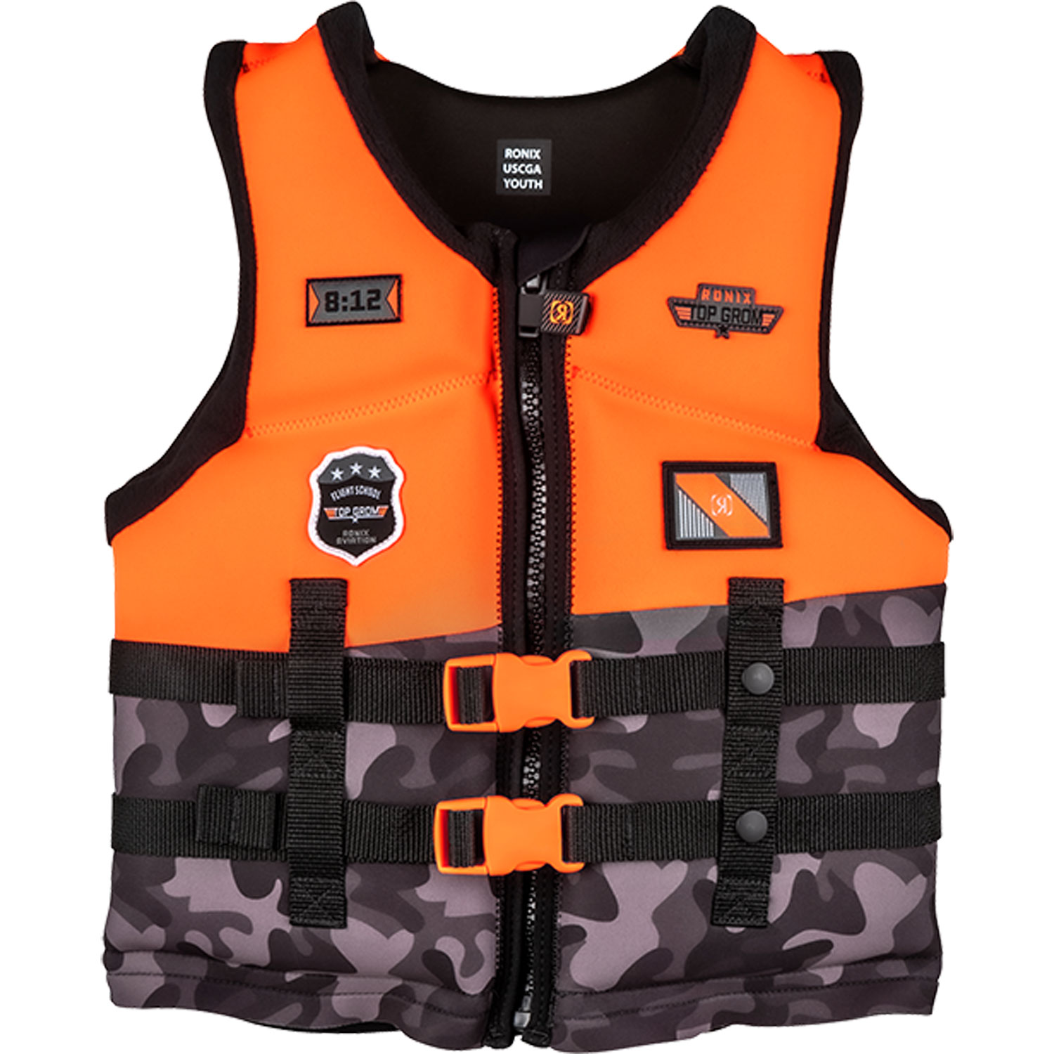 Ronix Boys Top Grom Youth Cga Wake Vest - Naranja/camuflaje Negro